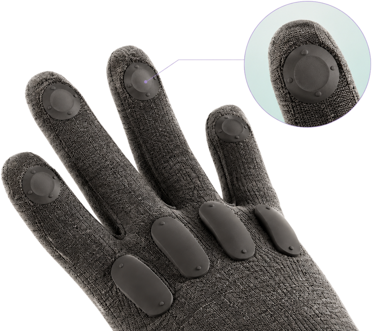 DG-1 concept render: macro of the fingertips with a magnified callout on one force pad.