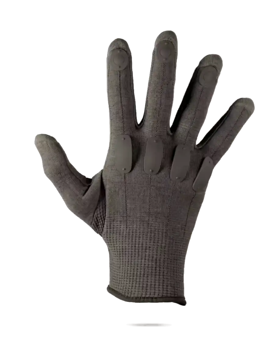 Sensor pads on the back of the Volar glove glowing as they sample.